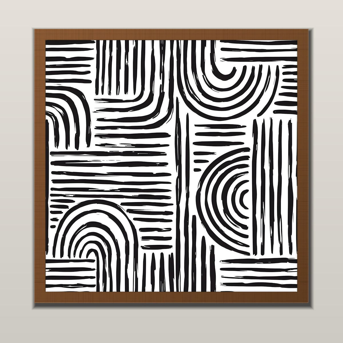 Monochrome Arches abstract line art print in a wooden frame