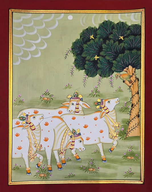 Gaumata Grazing Under the Kadamb - Sage Pichwai – hand-painted Pichwai on art paper, 11.5 x 14 inch, full view (unframed)