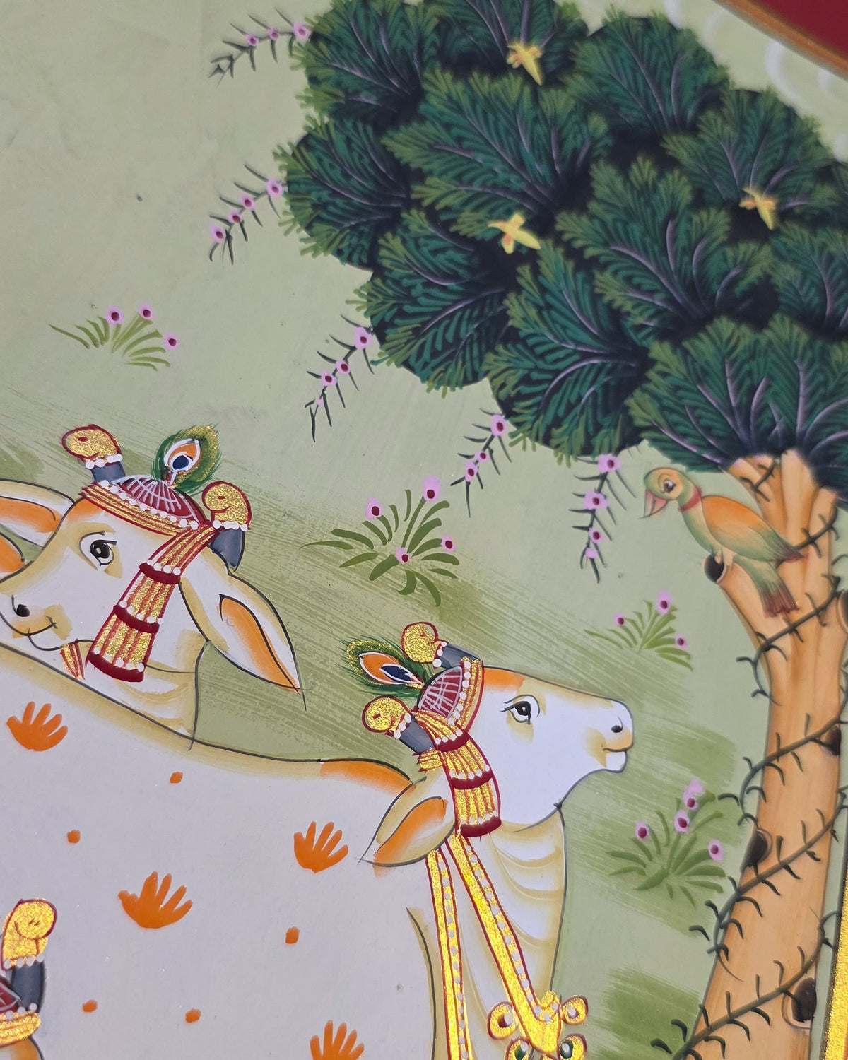 Gaumata Grazing Under the Kadamb - Sage Pichwai – close-up of hand-painted detail 1