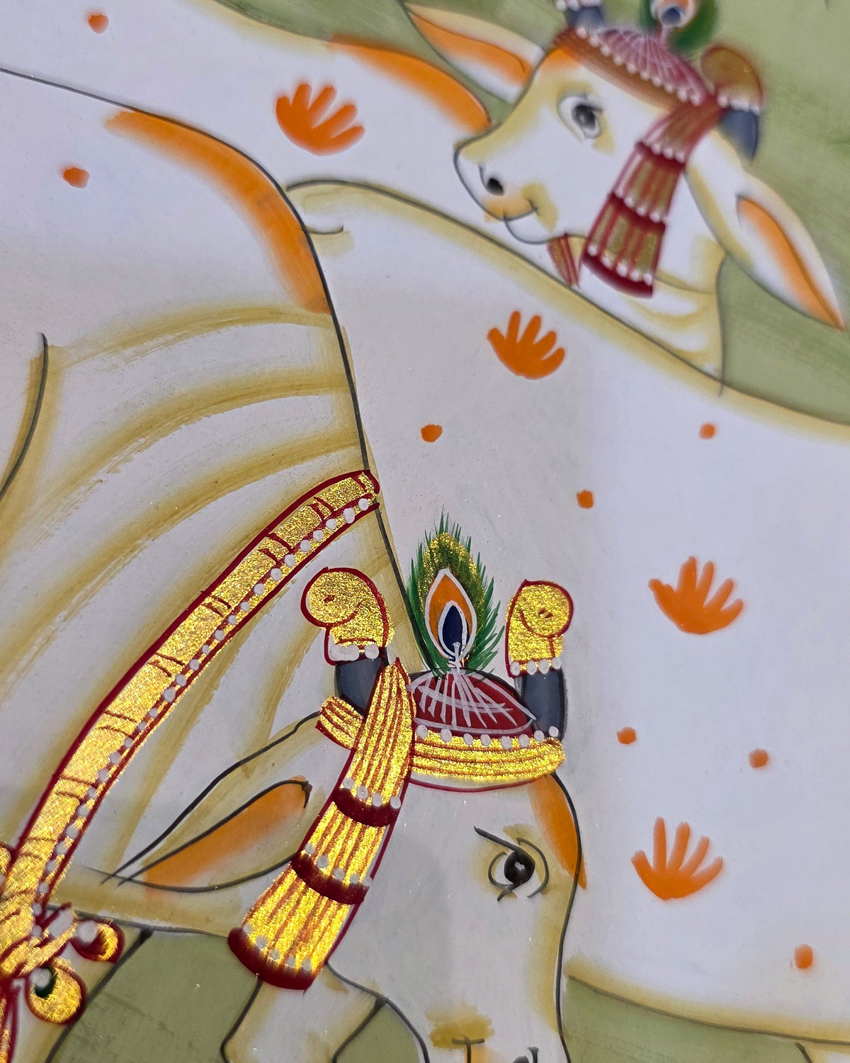 Gaumata Grazing Under the Kadamb - Sage Pichwai – close-up of hand-painted detail 2