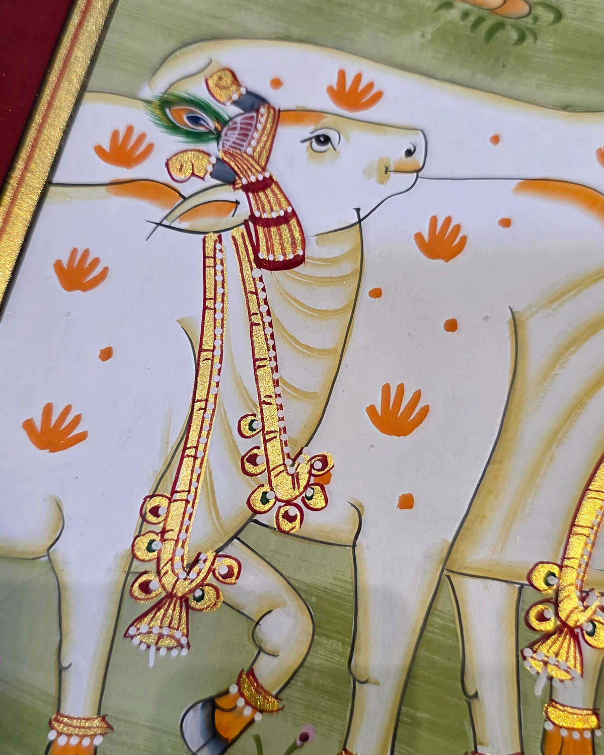 Gaumata Grazing Under the Kadamb - Sage Pichwai – close-up of hand-painted detail 3