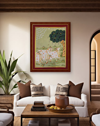 Gaumata Grazing Under the Kadamb - Sage Pichwai styled on a wall in a walnut wood frame (frame sold separately)