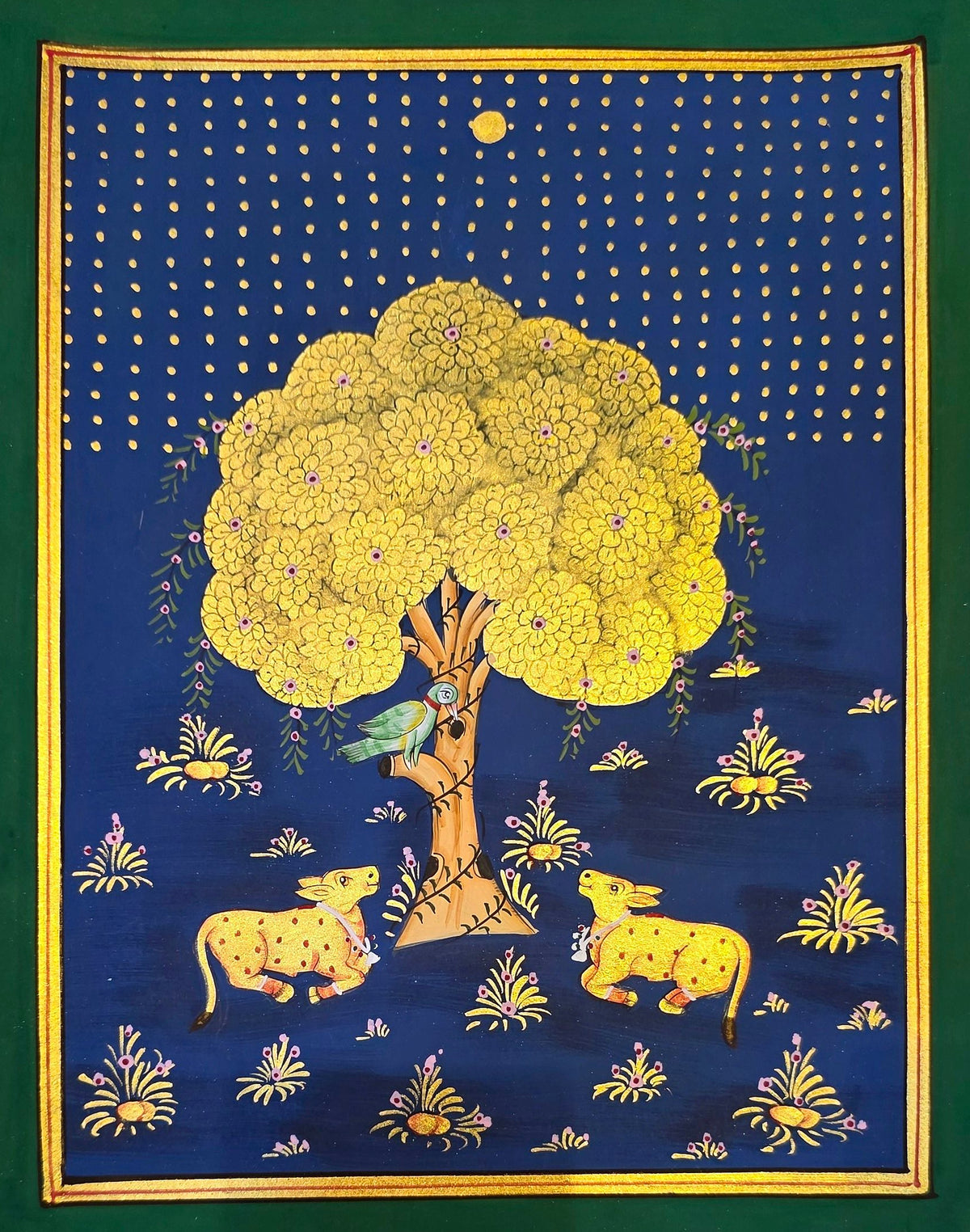 Golden Kadamb Night - Navy Pichwai – hand-painted Pichwai on art paper, 11.5 x 14 inch, full view (unframed)