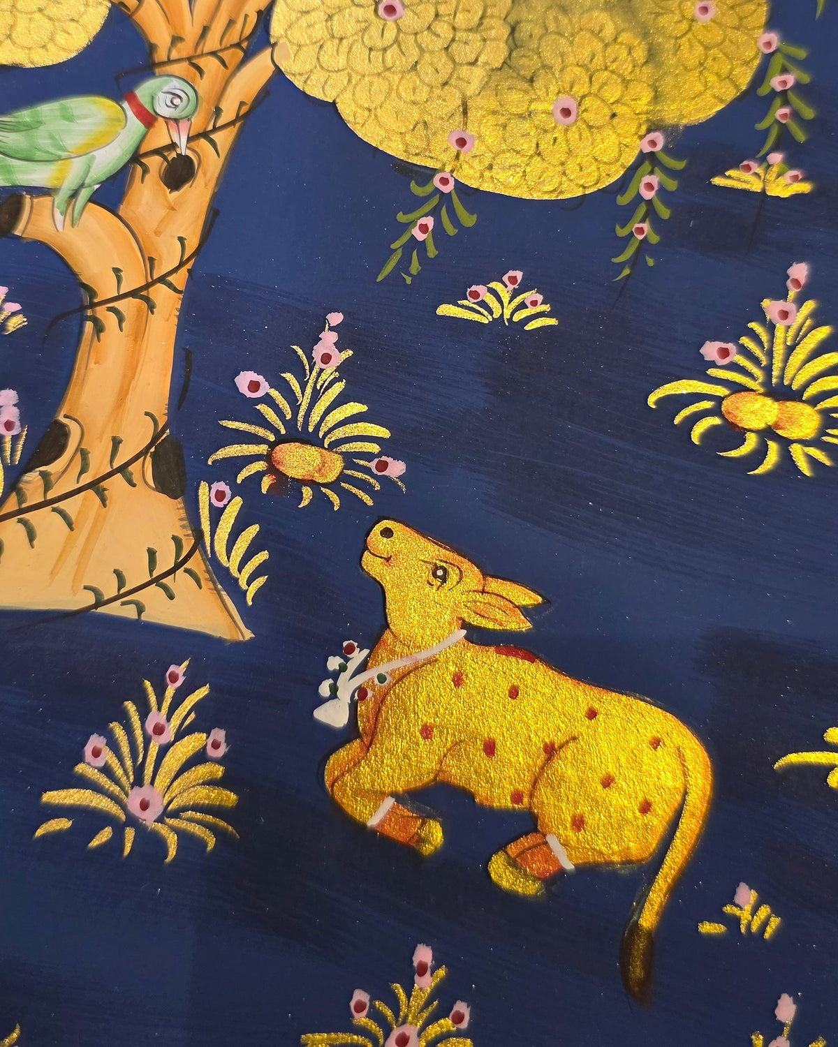 Golden Kadamb Night - Navy Pichwai – close-up of hand-painted detail 1