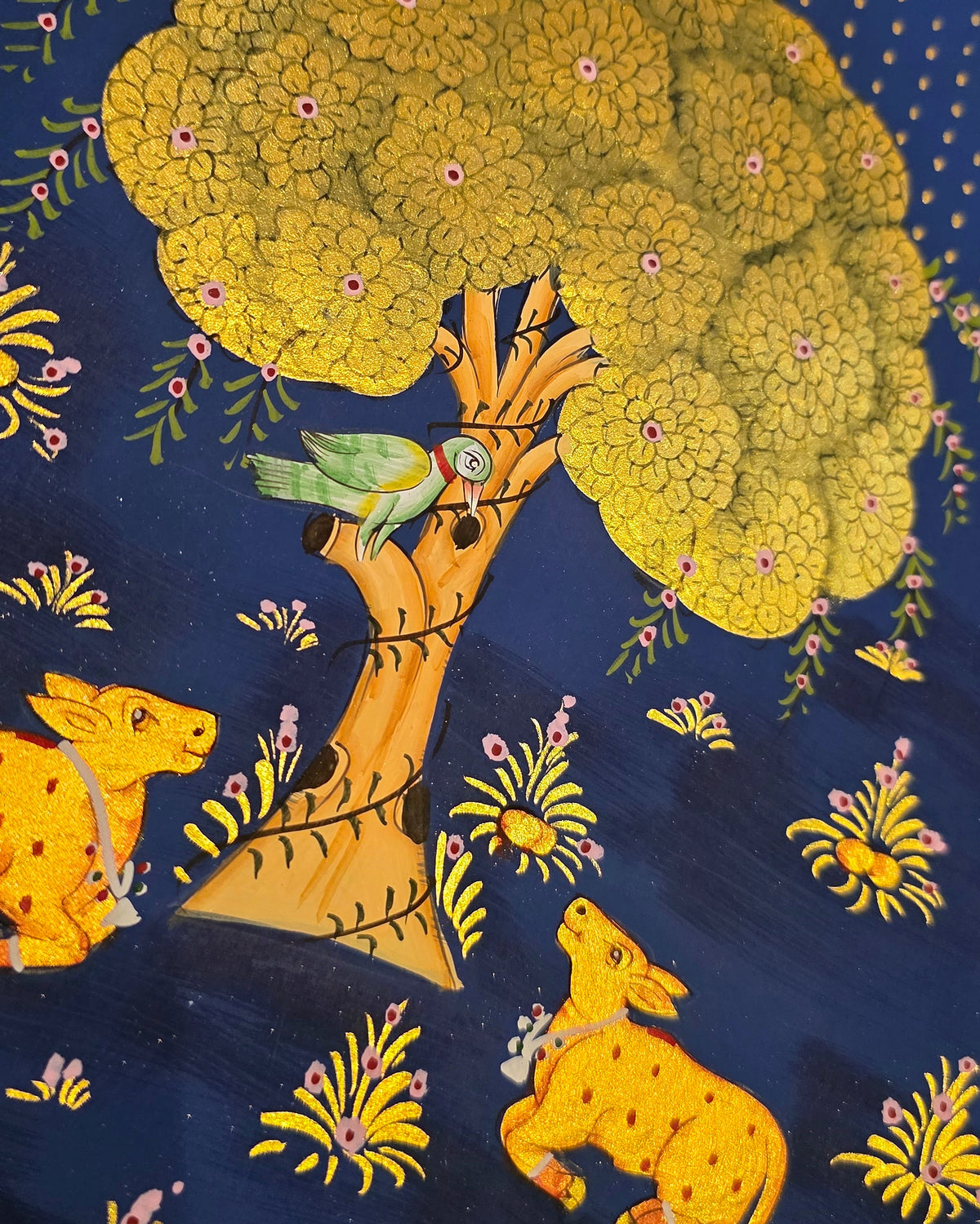 Golden Kadamb Night - Navy Pichwai – close-up of hand-painted detail 2