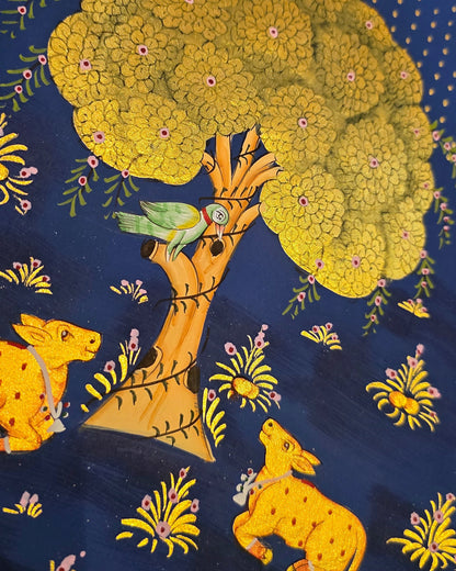 Golden Kadamb Night - Navy Pichwai – close-up of hand-painted detail 2