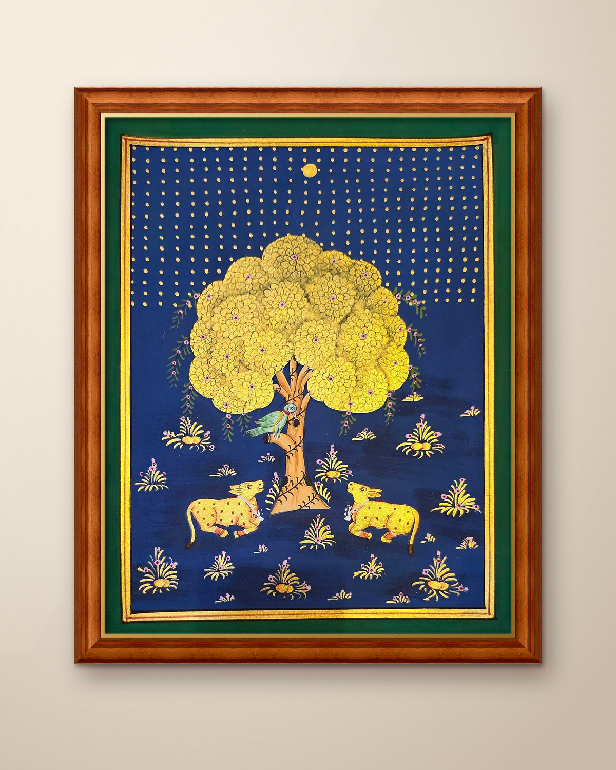 Golden Kadamb Night - Navy Pichwai shown in a teak wood frame (frame sold separately)