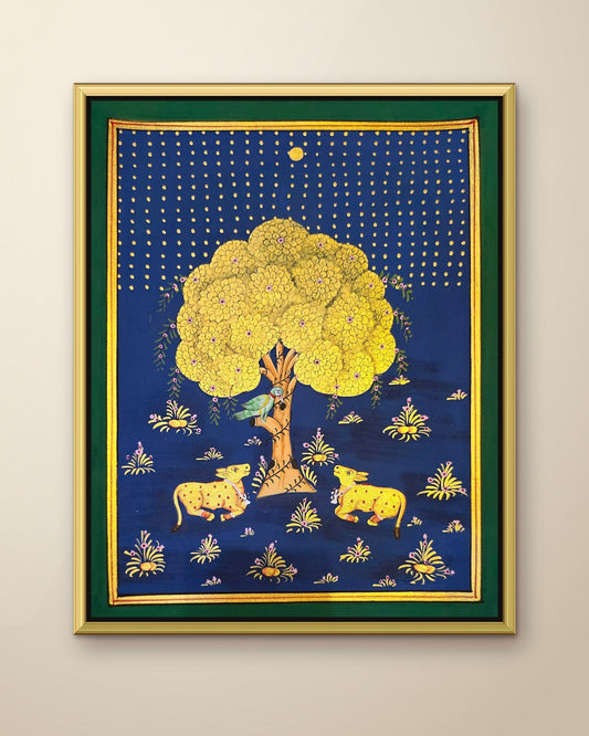 Golden Kadamb Night - Navy Pichwai shown in a gold metal frame (frame sold separately)