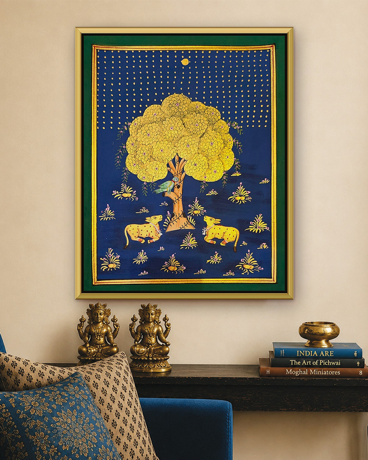 Golden Kadamb Night - Navy Pichwai styled on a wall in a gold metal frame (frame sold separately)