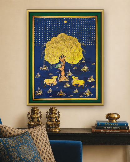 Golden Kadamb Night - Navy Pichwai styled on a wall in a gold metal frame (frame sold separately)