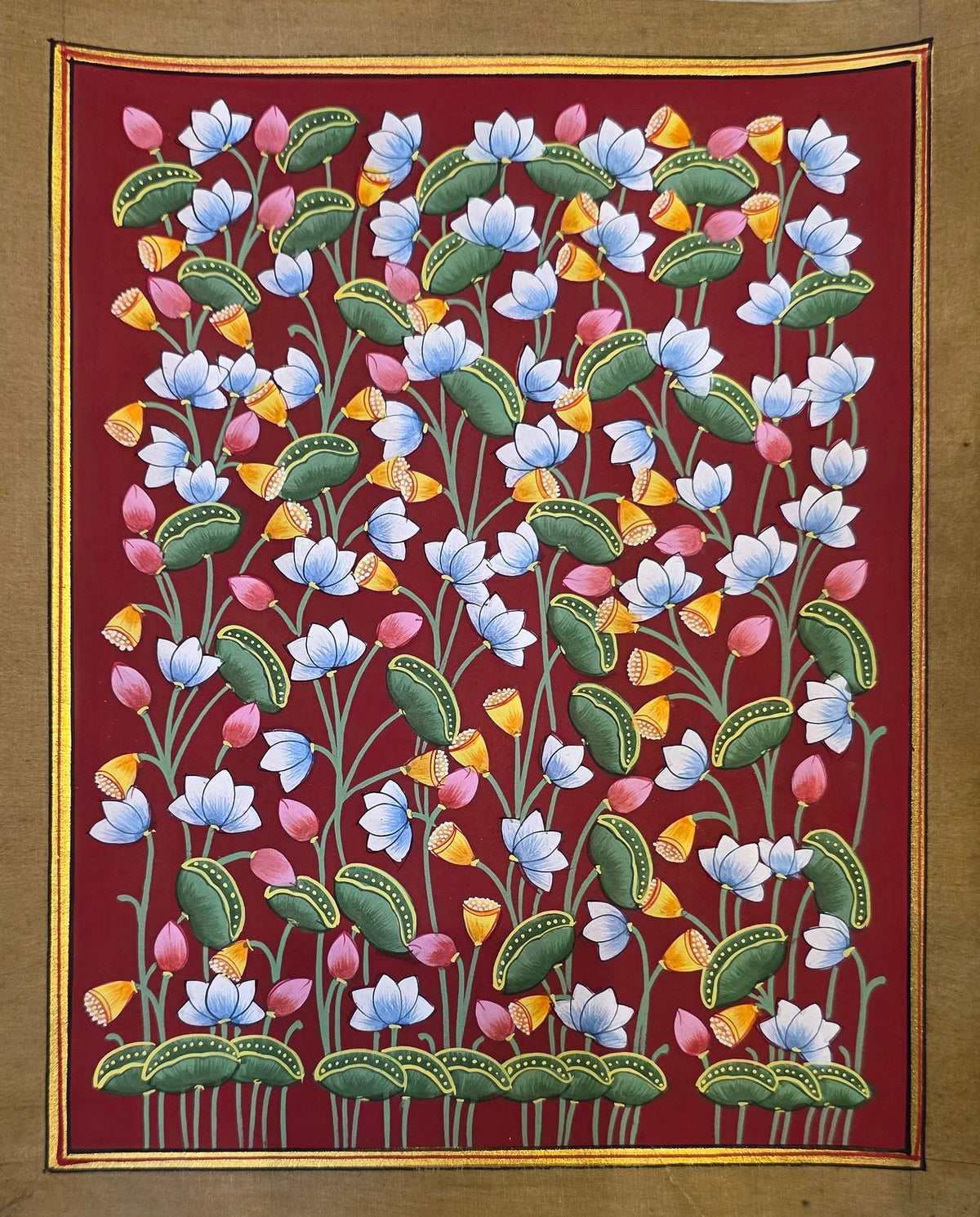 Kamal Van Lotus Garden - Maroon Pichwai – hand-painted Pichwai on cloth, 11.5 x 14 inch, full view (unframed)