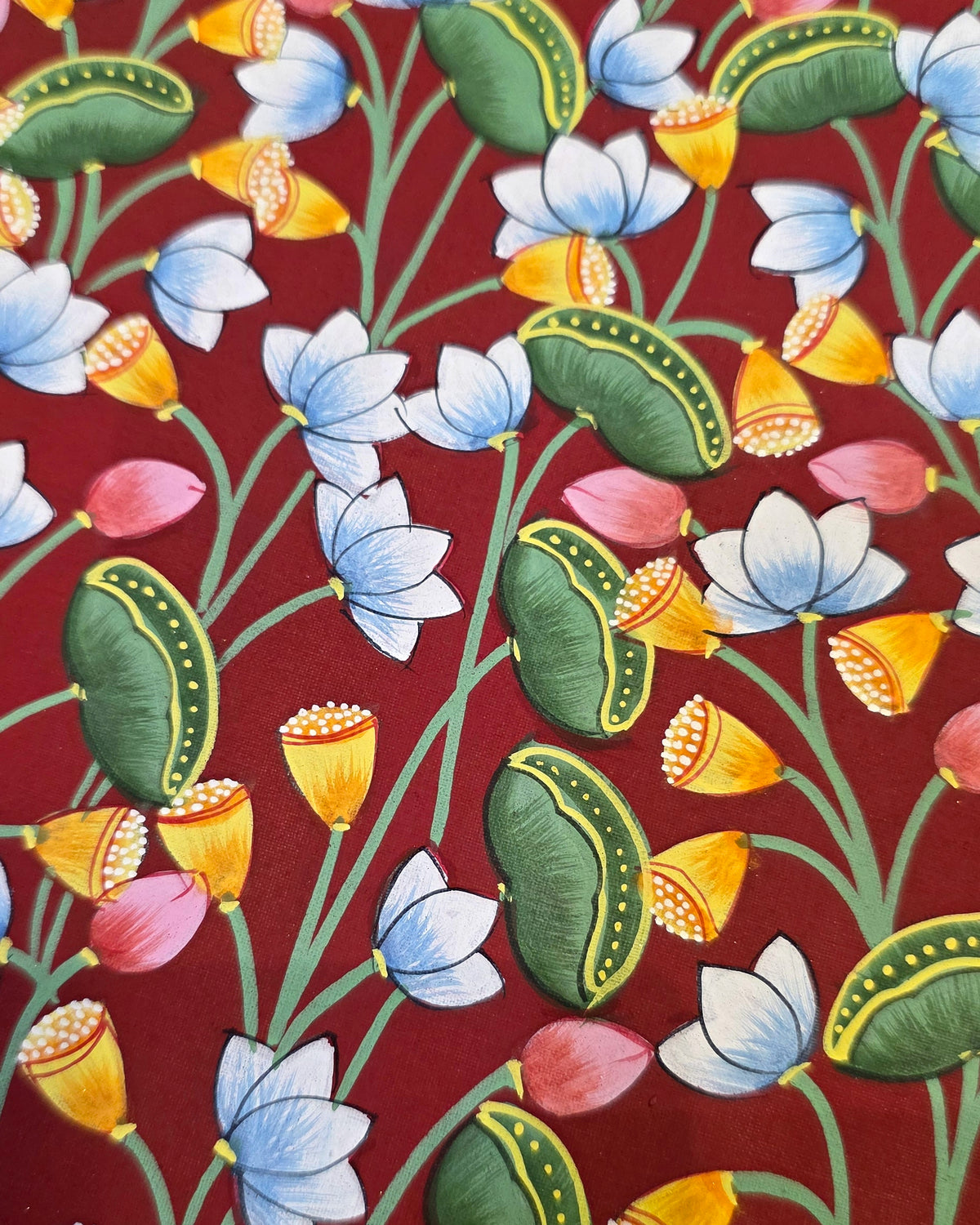 Kamal Van Lotus Garden - Maroon Pichwai – close-up of hand-painted detail 1