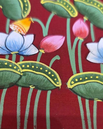 Kamal Van Lotus Garden - Maroon Pichwai – close-up of hand-painted detail 2