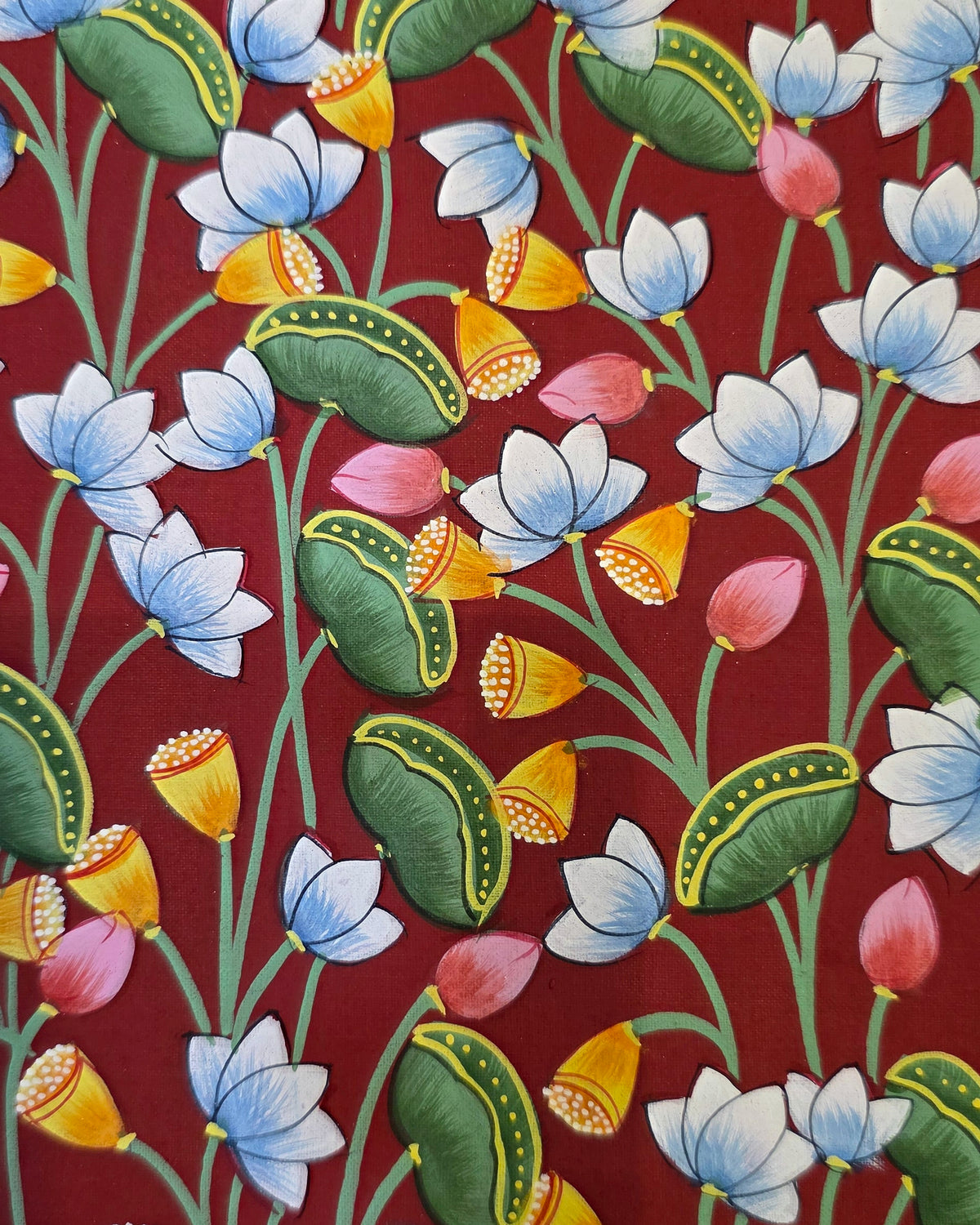 Kamal Van Lotus Garden - Maroon Pichwai – close-up of hand-painted detail 3