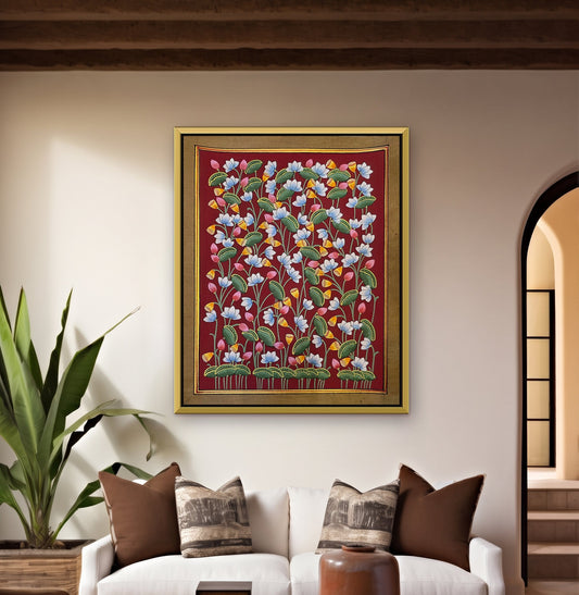Kamal Van Lotus Garden - Maroon Pichwai styled on a wall in a gold metal frame (frame sold separately)