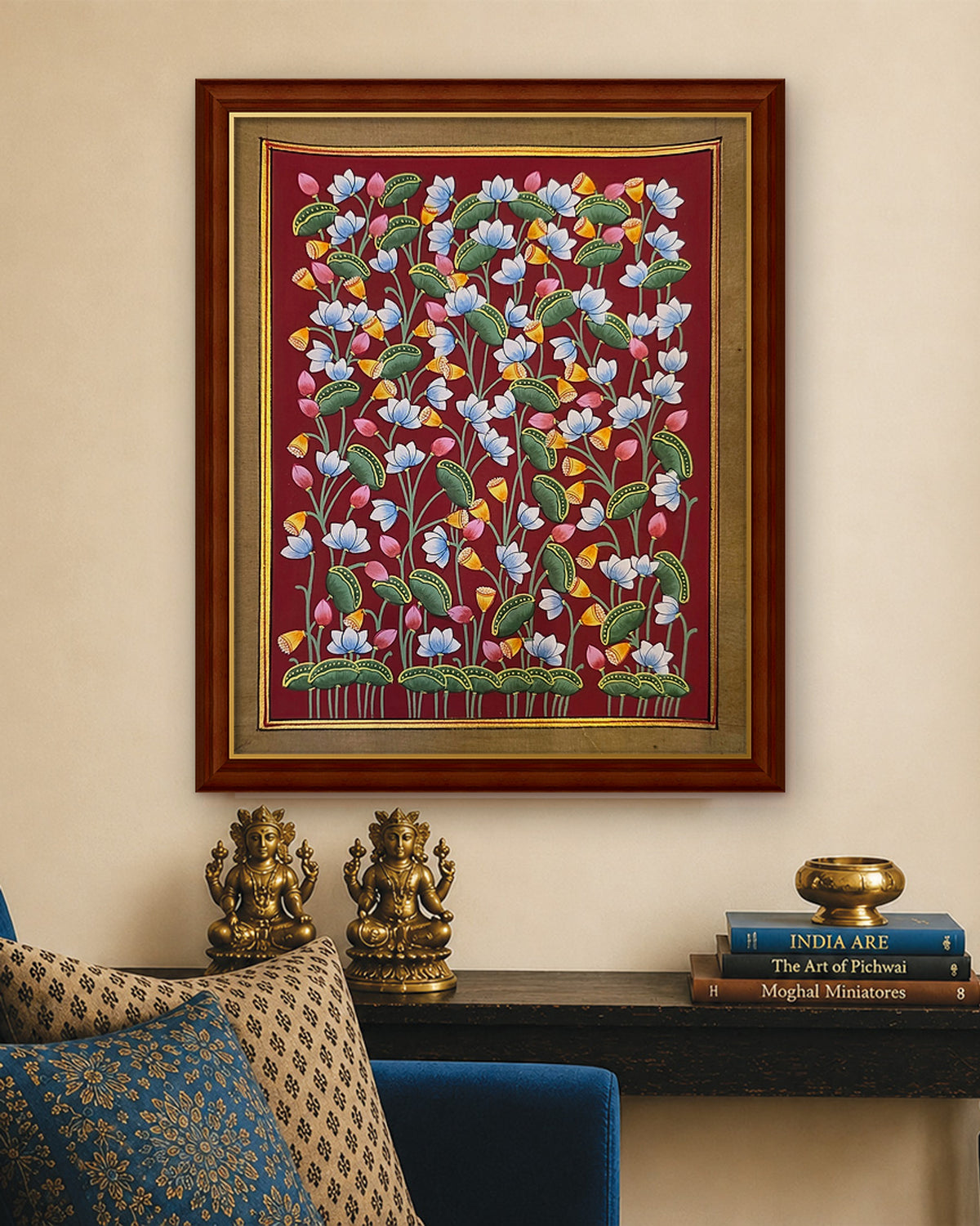 Kamal Van Lotus Garden - Maroon Pichwai styled on a wall in a walnut wood frame (frame sold separately)