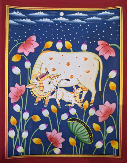 Kamdhenu in the Lotus Pond - Navy Pichwai – hand-painted Pichwai on art paper, 11.5 x 14 inch, full view (unframed)
