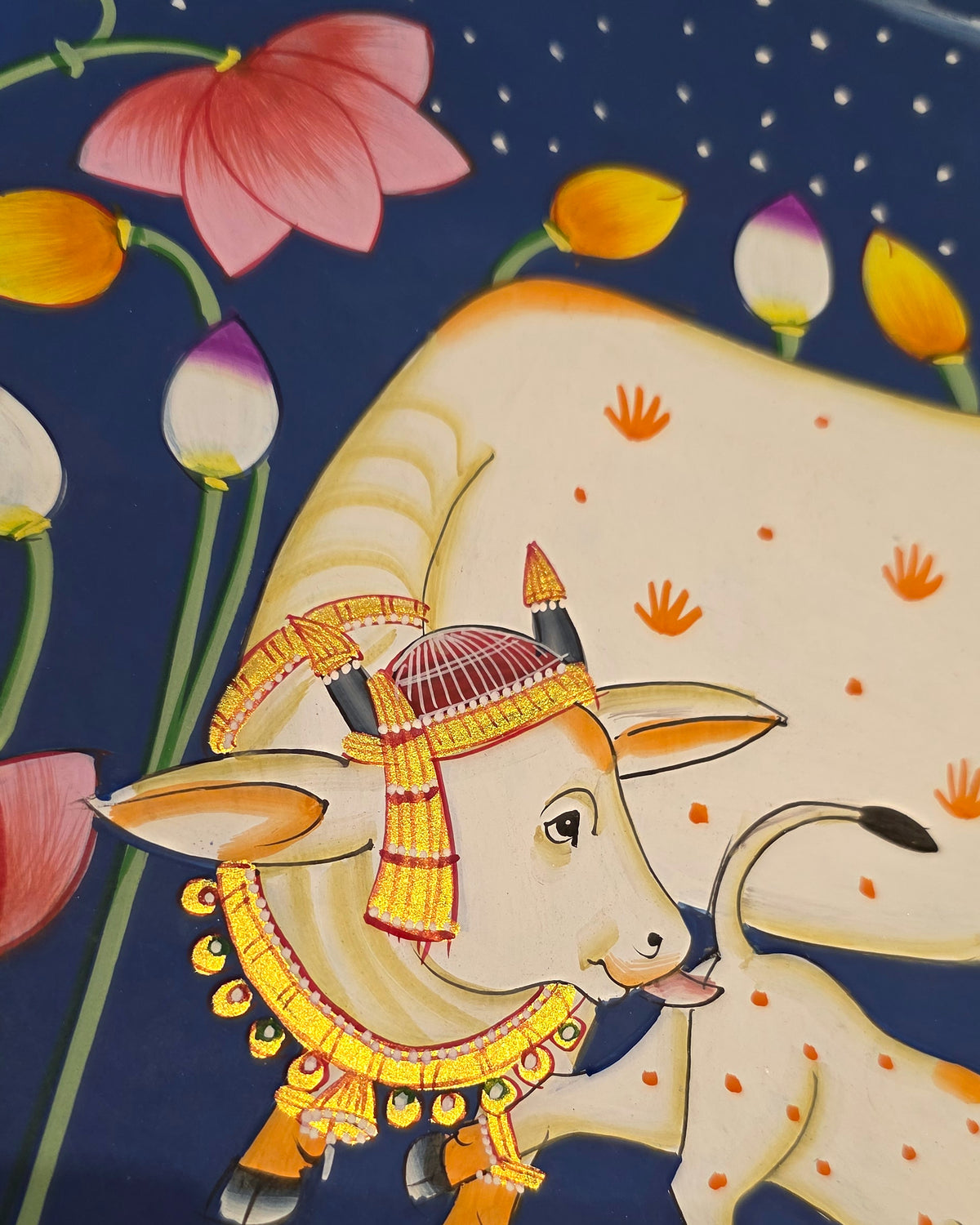 Kamdhenu in the Lotus Pond - Navy Pichwai – close-up of hand-painted detail 1