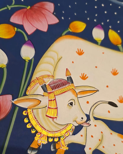 Kamdhenu in the Lotus Pond - Navy Pichwai – close-up of hand-painted detail 1
