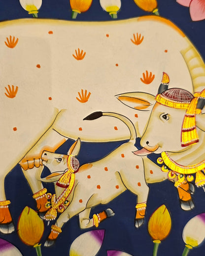 Kamdhenu in the Lotus Pond - Navy Pichwai – close-up of hand-painted detail 2