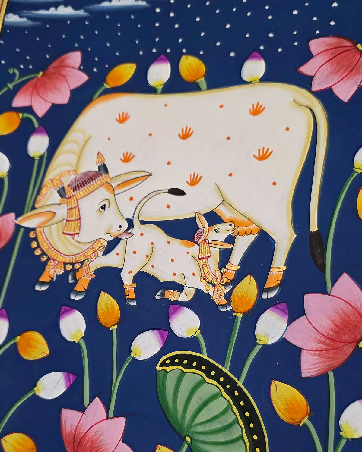 Kamdhenu in the Lotus Pond - Navy Pichwai – close-up of hand-painted detail 3