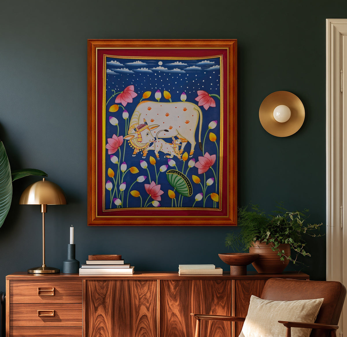 Kamdhenu in the Lotus Pond - Navy Pichwai styled on a wall in a teak wood frame (frame sold separately)