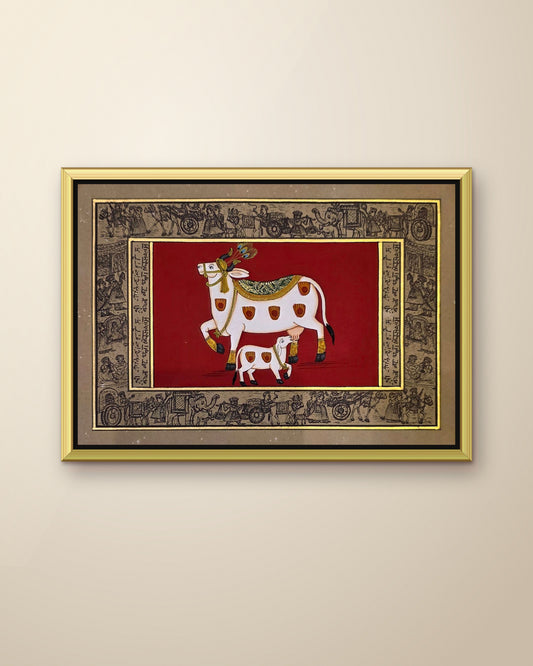 Kamdhenu on Crimson - Miniature on Handmade Paper shown in a gold metal frame (frame sold separately)