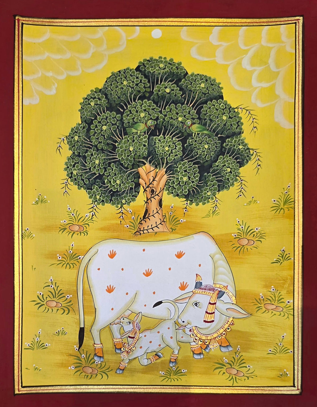 Kamdhenu Under the Kadamb Tree - Yellow Pichwai – hand-painted Pichwai on art paper, 11.5 x 14 inch, full view (unframed)