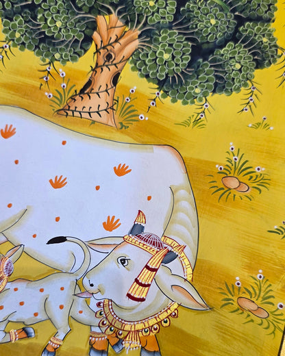 Kamdhenu Under the Kadamb Tree - Yellow Pichwai – close-up of hand-painted detail 1