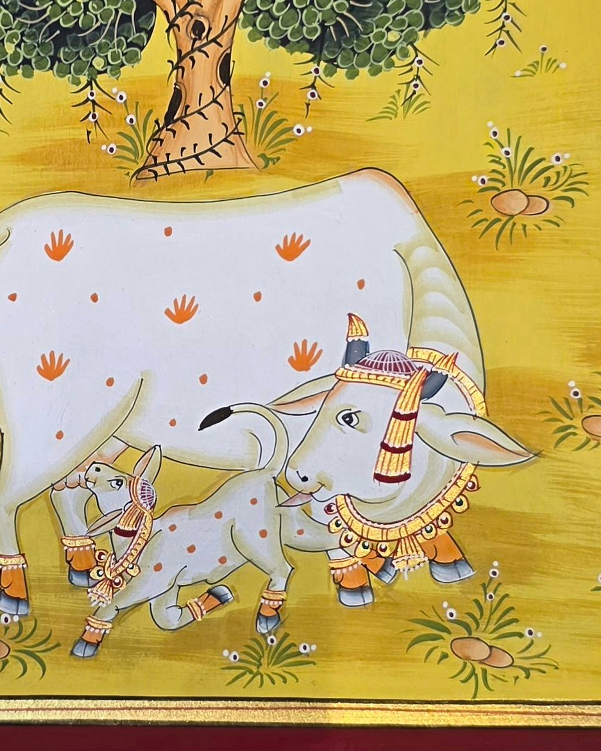 Kamdhenu Under the Kadamb Tree - Yellow Pichwai – close-up of hand-painted detail 2