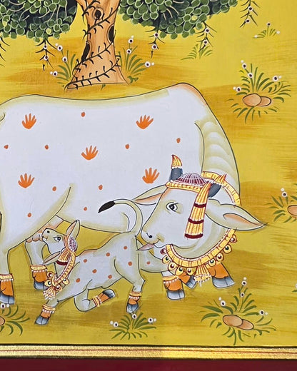Kamdhenu Under the Kadamb Tree - Yellow Pichwai – close-up of hand-painted detail 2
