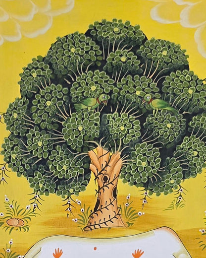 Kamdhenu Under the Kadamb Tree - Yellow Pichwai – close-up of hand-painted detail 3