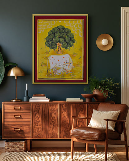 Kamdhenu Under the Kadamb Tree - Yellow Pichwai styled on a wall in a gold metal frame (frame sold separately)