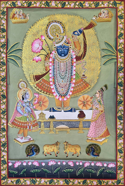 Shrinathji Darshan - Sage Pichwai – hand-painted Pichwai on cloth, 24 x 36 inch, full view (unframed)