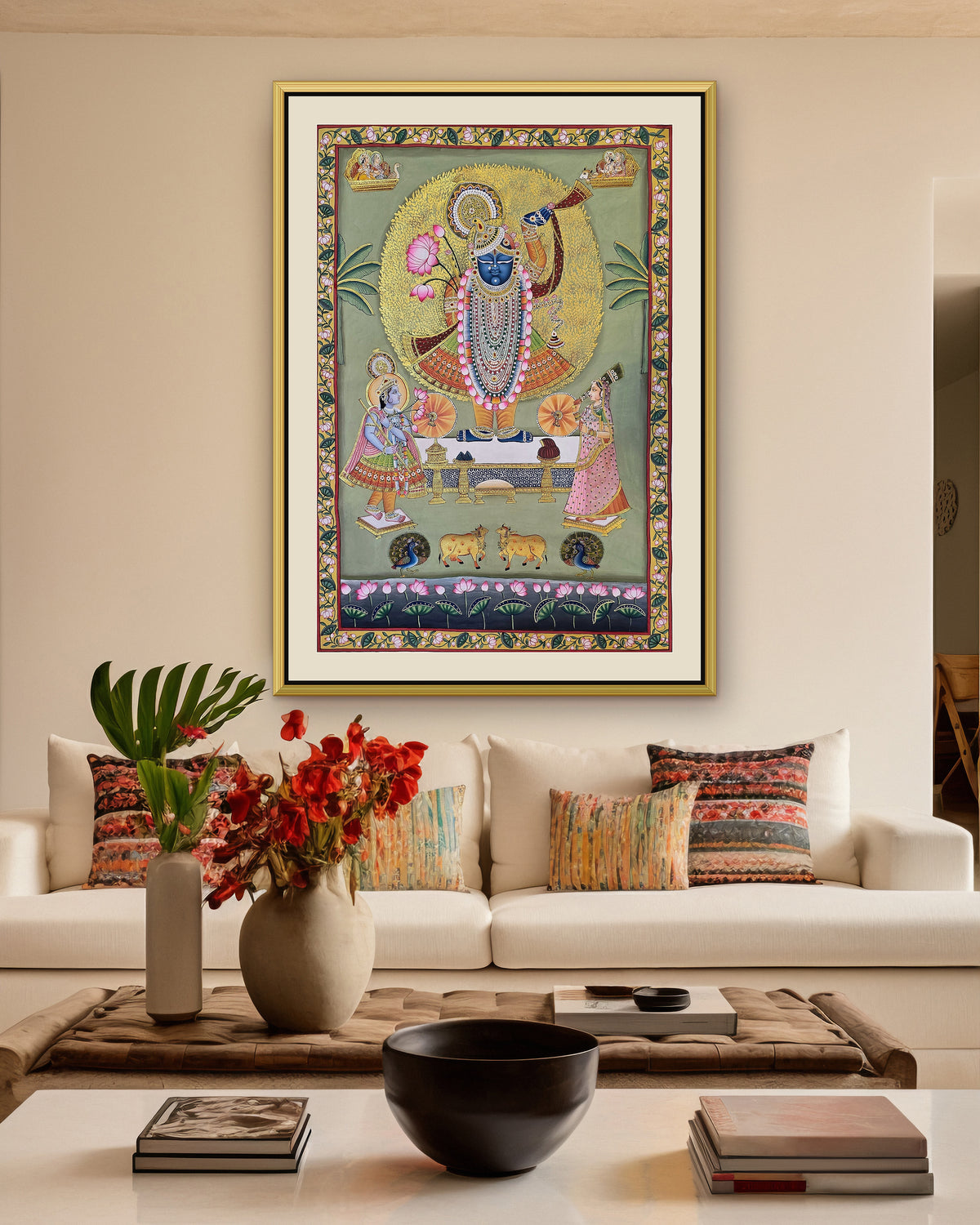 Shrinathji Darshan - Sage Pichwai styled on a wall in a gold metal frame (frame sold separately)