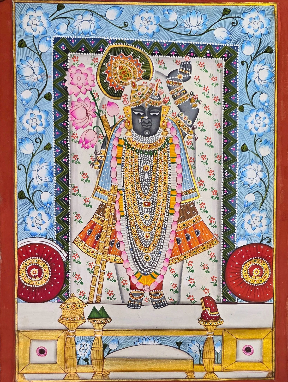 Shrinathji Phool Mandali - Ivory and Blue Pichwai – hand-painted Pichwai on cloth, 11 x 16 inch, full view (unframed)