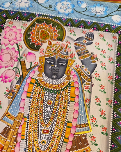 Shrinathji Phool Mandali - Ivory and Blue Pichwai – close-up of hand-painted detail 1