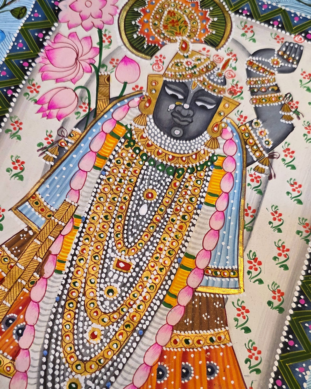 Shrinathji Phool Mandali - Ivory and Blue Pichwai – close-up of hand-painted detail 2