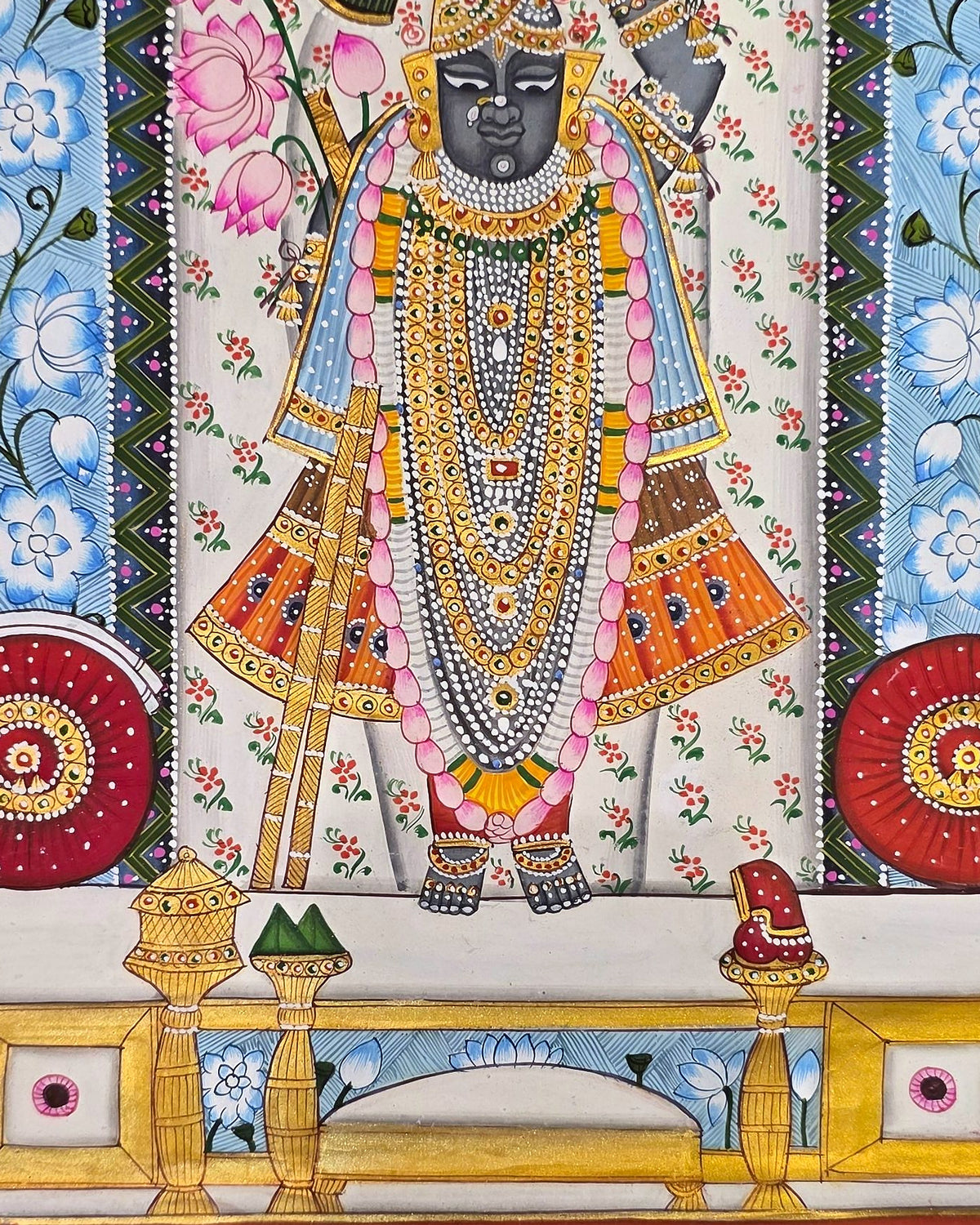 Shrinathji Phool Mandali - Ivory and Blue Pichwai – close-up of hand-painted detail 3