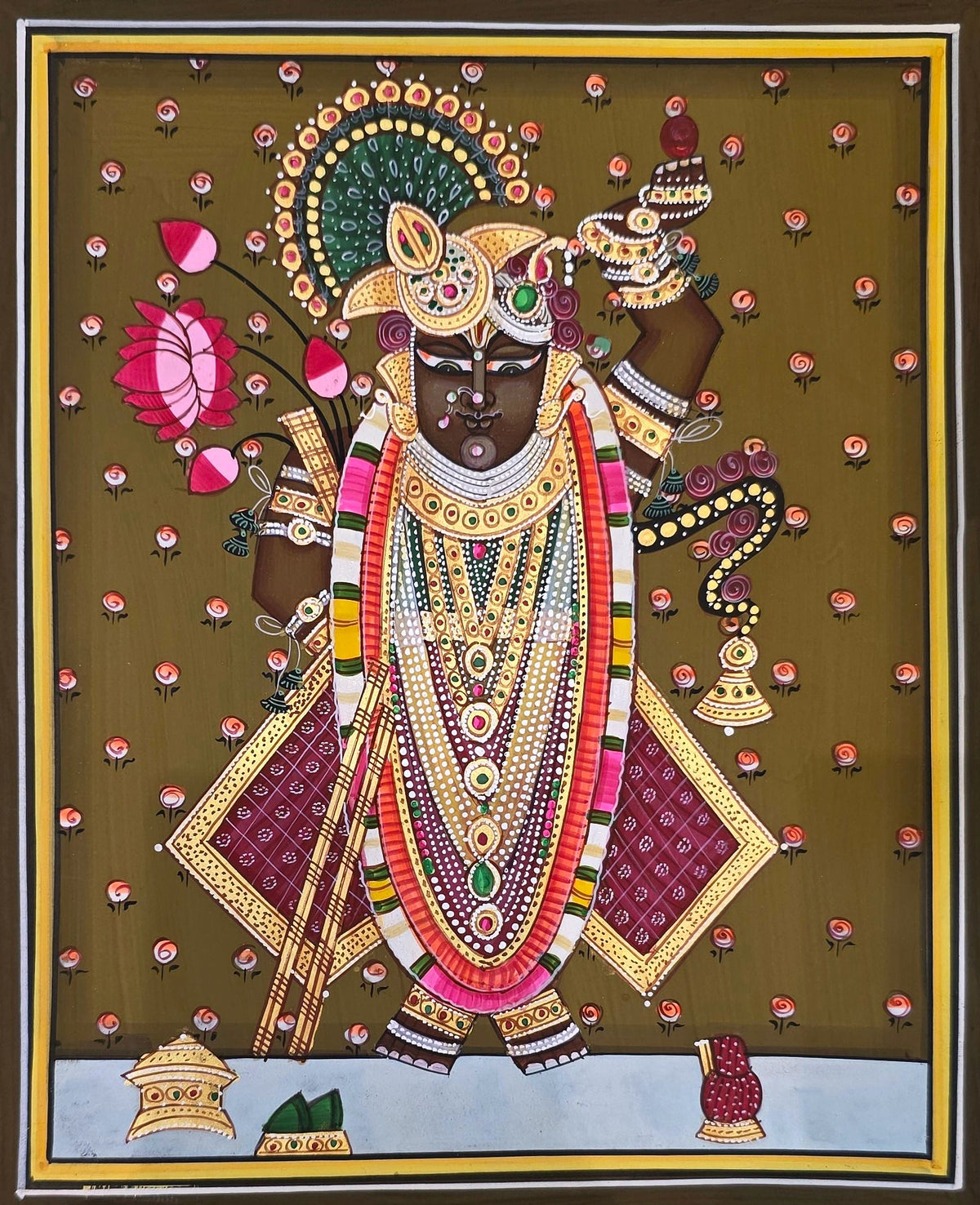 Shrinathji Shringar - Antique Olive Pichwai – hand-painted Pichwai on art paper, 9 x 11 inch, full view (unframed)