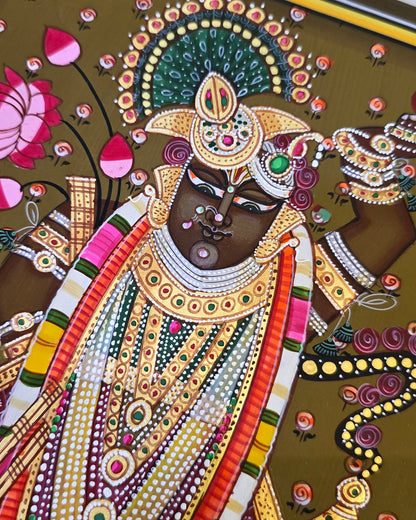 Shrinathji Shringar - Antique Olive Pichwai – close-up of hand-painted detail 1