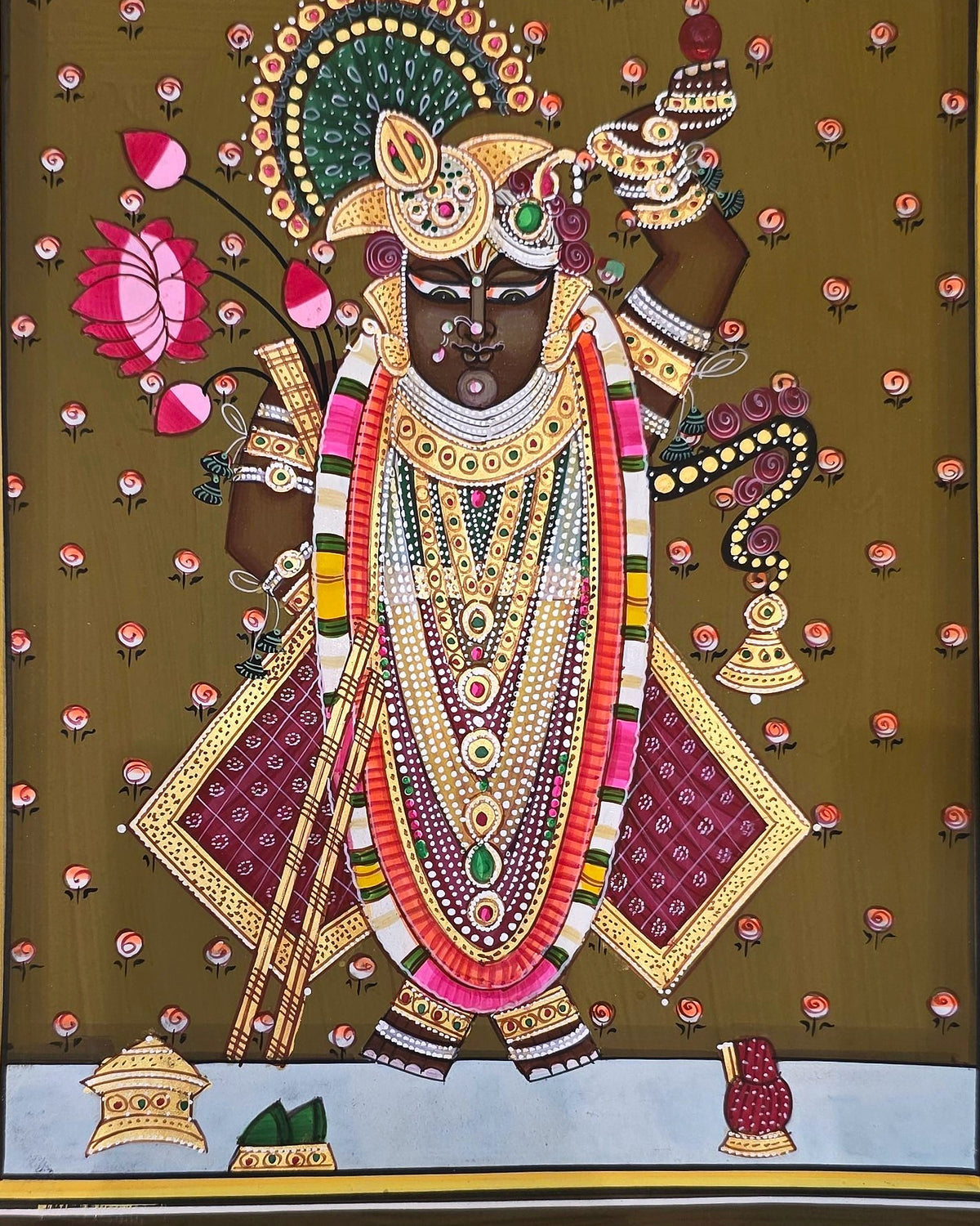 Shrinathji Shringar - Antique Olive Pichwai – close-up of hand-painted detail 2