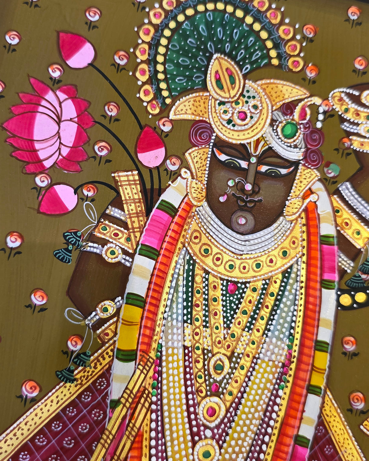 Shrinathji Shringar - Antique Olive Pichwai – close-up of hand-painted detail 3