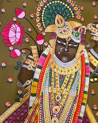 Shrinathji Shringar - Antique Olive Pichwai – close-up of hand-painted detail 3
