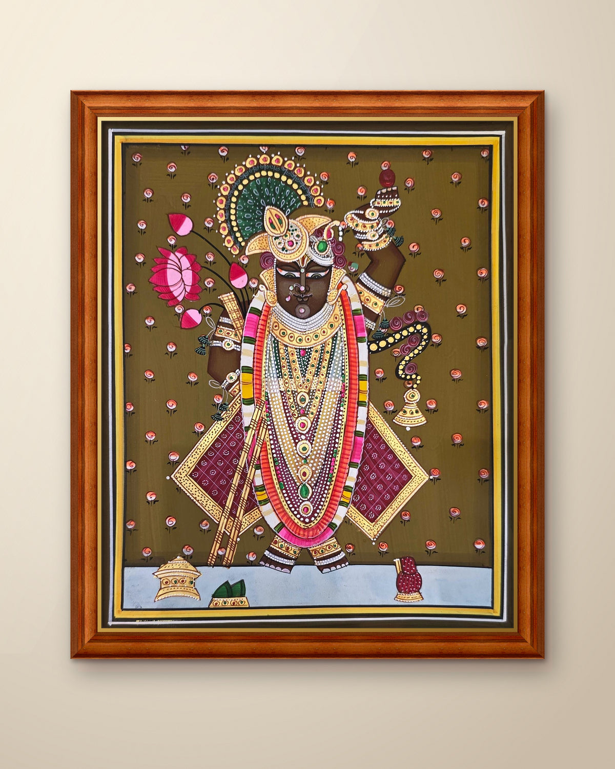 Shrinathji Shringar - Antique Olive Pichwai shown in a teak wood frame (frame sold separately)