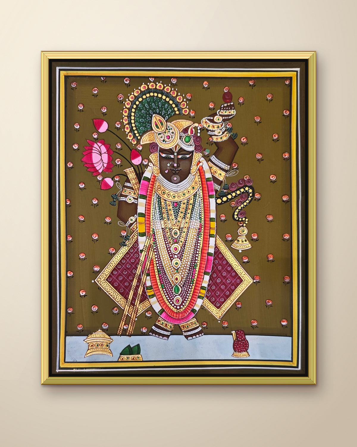 Shrinathji Shringar - Antique Olive Pichwai shown in a gold metal frame (frame sold separately)
