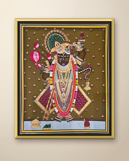 Shrinathji Shringar - Antique Olive Pichwai shown in a gold metal frame (frame sold separately)