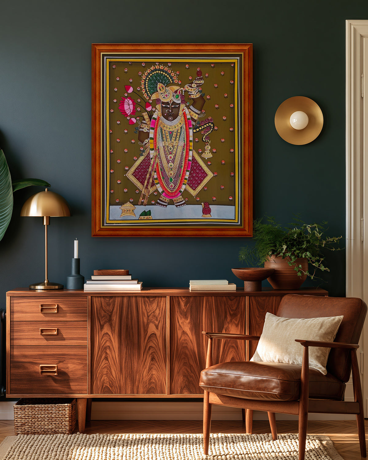 Shrinathji Shringar - Antique Olive Pichwai styled on a wall in a teak wood frame (frame sold separately)