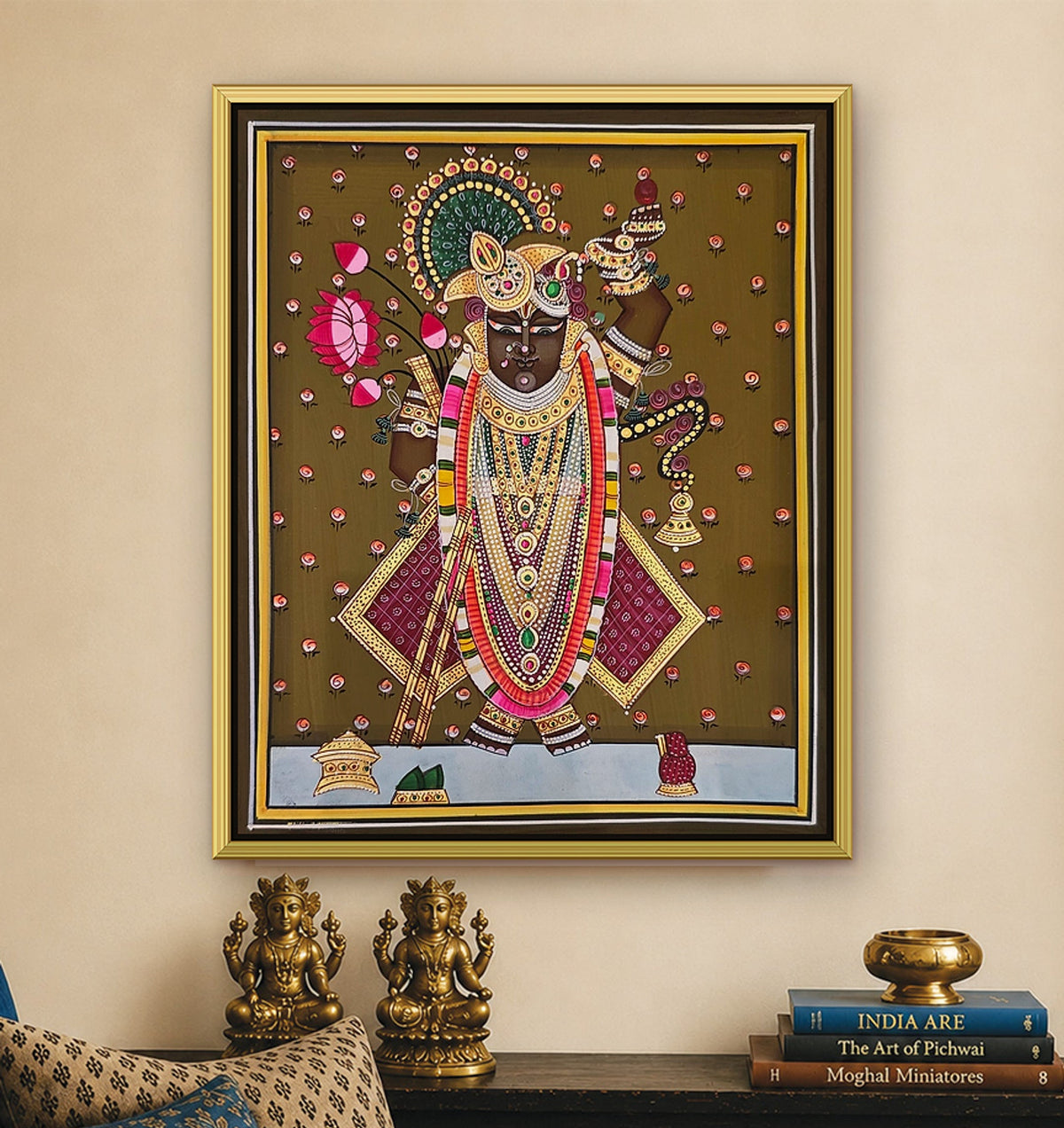 Shrinathji Shringar - Antique Olive Pichwai styled on a wall in a gold metal frame (frame sold separately)