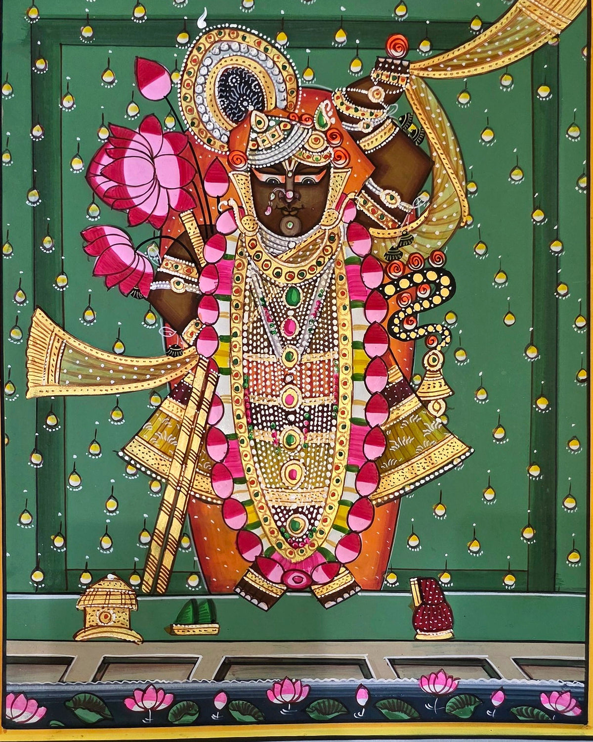 Shrinathji Shringar - Emerald Pichwai – close-up of hand-painted detail 3